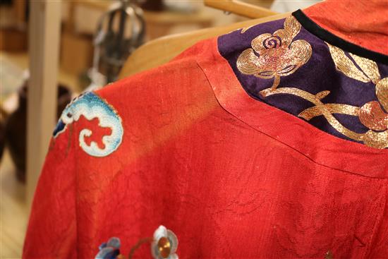 A Chinese red silk embroidered robe and a pantaloons set (later converted)